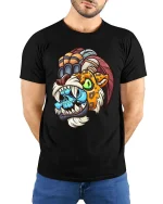Tribal Beast Mask T Shirt Colorful Savage Cartoon Graphic Tee - model wearing black tee with hands behind back