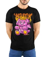 Wrecked Teddy Bear T Shirt Funny Dark Cute Plush Graphic Tee - model wearing black tee with hands behind back
