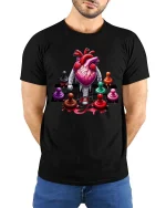 Walking Heart Chess T Shirt Funny Strategy Life Graphic Tee - model wearing black tee with hands behind back