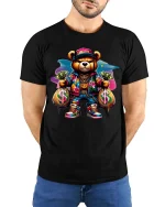 Gangster Teddy Bear T Shirt Funny Money Streetwear Graphic Tee - model wearing black tee with hands behind back