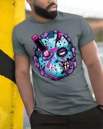 Zombie Hockey Mask Graphic T Shirt Creepy Funny Streetwear - model wearing grey tee, leaning on column