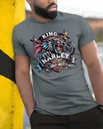 King Biker Wolf T Shirt Fierce Motorcycle Rider Graphic Tee - model wearing grey tee, leaning on column