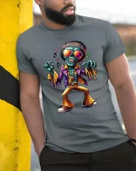 Funky Dancing Skeleton T Shirt Retro Disco Zombie Graphic Tee - model wearing grey tee, leaning on column