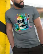 Paint Splash Skull T Shirt Funny Artist Graphic Colorful Tee - model wearing grey tee, leaning on column