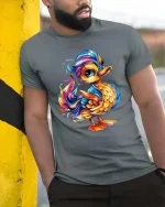 Colorful Cute Duck T Shirt Rainbow Cartoon Animal Graphic Tee - model wearing grey tee, leaning on column