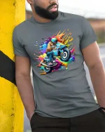 Color Splash Motorcycle T Shirt Rider Racing Graphic Art Tee - model wearing grey tee, leaning on column