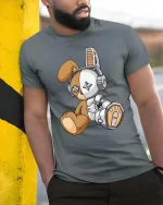 Cute Robot Teddy Bear T Shirt Kawaii Cyber Plush Graphic Tee - model wearing grey tee, leaning on column