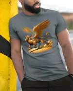 Mythical Griffin T Shirt Golden Winged Beast Fantasy Graphic Tee - model wearing grey tee, leaning on column