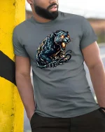 Fierce Black Panther T Shirt Glowing Eyes Wild Beast Graphic Tee - model wearing grey tee, leaning on column