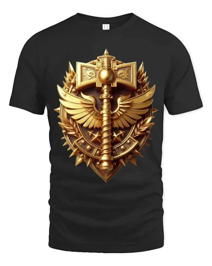 Golden Warrior Emblem Shield Sword Fantasy T Shirt - black t-shirt on white background