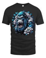 Fierce Blue Gorilla Floral Power Graphic T Shirt - black t-shirt on white background