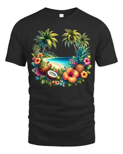 Tropical Beach Paradise Fruit Island Graphic T Shirt - black t-shirt on white background
