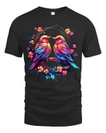 Colorful Love Birds Floral Circle Art Graphic T Shirt - black t-shirt on white background