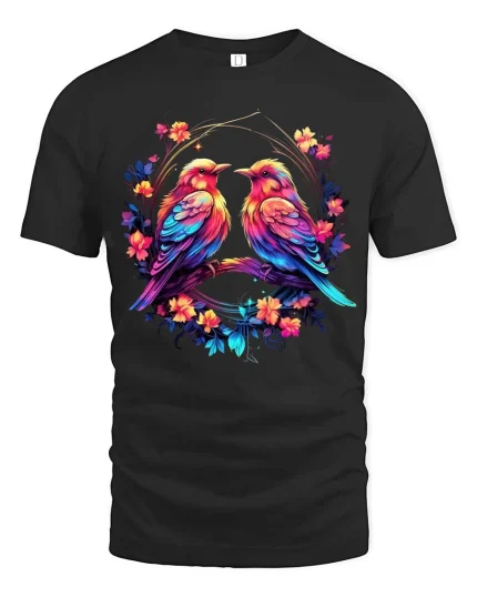 Colorful Love Birds Floral Circle Art Graphic T Shirt - black t-shirt on white background