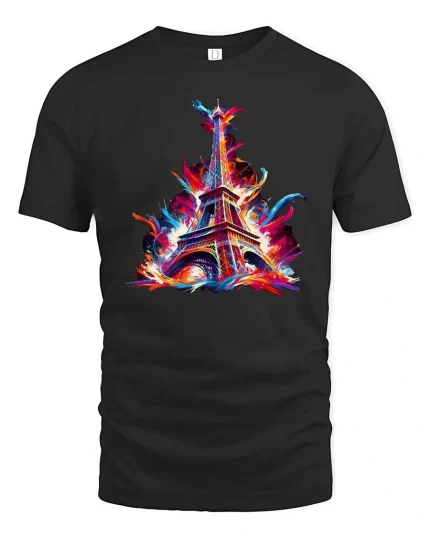 Colorful Eiffel Tower Paris Splash Art Graphic T Shirt - black t-shirt on white background
