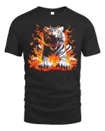 Fierce White Tiger Fire Flames Graphic T Shirt - black t-shirt on white background