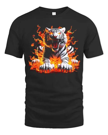 Fierce White Tiger Fire Flames Graphic T Shirt - black t-shirt on white background