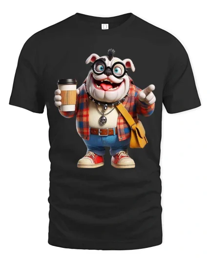 Funny Bulldog Hipster Coffee Cartoon Graphic T Shirt - black t-shirt on white background
