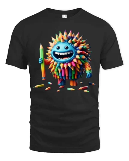 Funny Color Pencil Monster Cartoon Artist T Shirt - black t-shirt on white background
