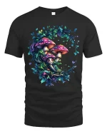 Magical Mushroom Forest Fairy Circle Art T Shirt - black t-shirt on white background
