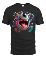 Funny One Eyed Monster Cartoon Running Graphic T Shirt - black t-shirt on white background