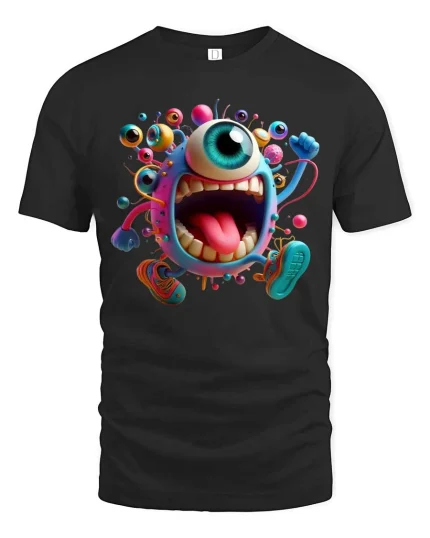 Funny One Eyed Monster Cartoon Running Graphic T Shirt - black t-shirt on white background