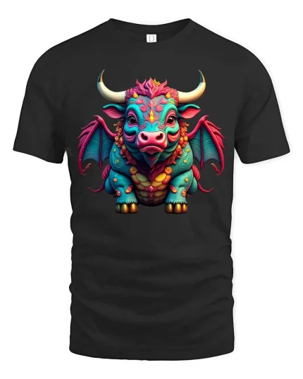 Cute Fantasy Dragon Cow Hybrid Cartoon Art T Shirt - black t-shirt on white background