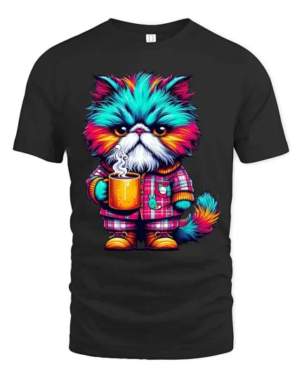Grumpy Colorful Cat Drinking Coffee Funny T Shirt - black t-shirt on white background