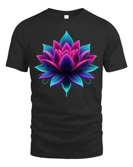 Vibrant Neon Lotus Flower Spiritual Art T Shirt - black t-shirt on white background