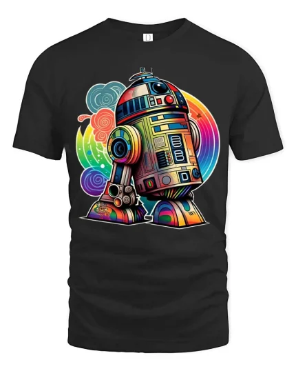 Retro Colorful Robot Droid Cartoon Sci Fi T Shirt - black t-shirt on white background