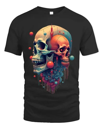 Surreal Dual Skull Abstract Art Graphic T Shirt - black t-shirt on white background