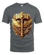 Golden Warrior Emblem Shield Sword Fantasy T Shirt - gray t-shirt on white background