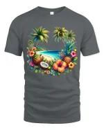 Tropical Beach Paradise Fruit Island Graphic T Shirt - gray t-shirt on white background