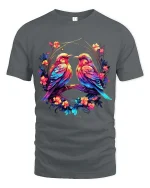Colorful Love Birds Floral Circle Art Graphic T Shirt - gray t-shirt on white background