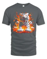 Fierce White Tiger Fire Flames Graphic T Shirt - gray t-shirt on white background