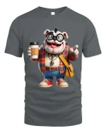 Funny Bulldog Hipster Coffee Cartoon Graphic T Shirt - gray t-shirt on white background