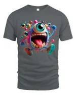 Funny One Eyed Monster Cartoon Running Graphic T Shirt - gray t-shirt on white background