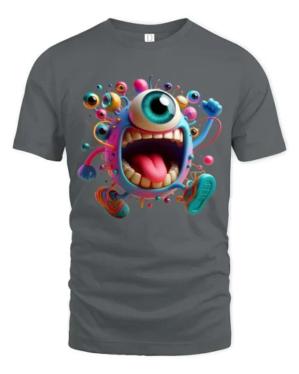 Funny One Eyed Monster Cartoon Running Graphic T Shirt - gray t-shirt on white background