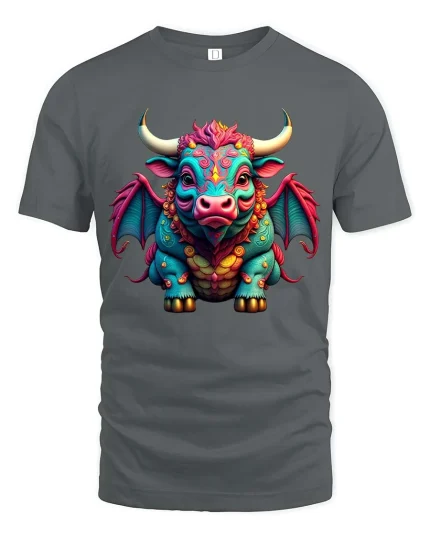 Cute Fantasy Dragon Cow Hybrid Cartoon Art T Shirt - gray t-shirt on white background