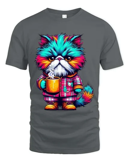 Grumpy Colorful Cat Drinking Coffee Funny T Shirt - gray t-shirt on white background