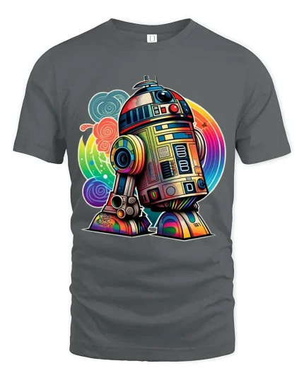 Retro Colorful Robot Droid Cartoon Sci Fi T Shirt - gray t-shirt on white background
