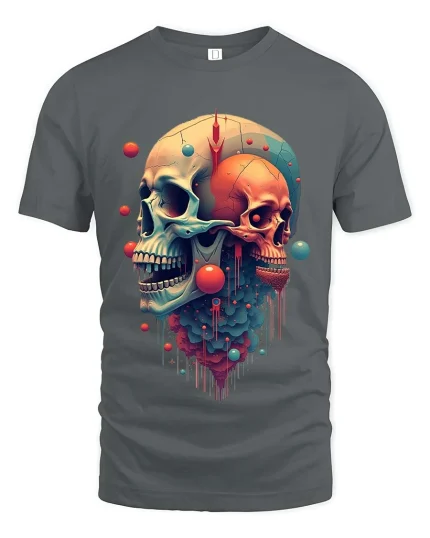 Surreal Dual Skull Abstract Art Graphic T Shirt - gray t-shirt on white background