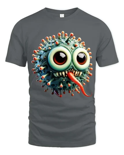 Funny Cute Germ Monster Cartoon Big Eyes T Shirt - gray t-shirt on white background
