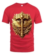 Golden Warrior Emblem Shield Sword Fantasy T Shirt - red t-shirt on white background