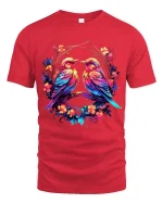 Colorful Love Birds Floral Circle Art Graphic T Shirt - red t-shirt on white background