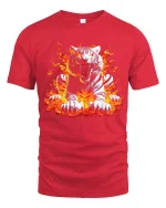 Fierce White Tiger Fire Flames Graphic T Shirt - red t-shirt on white background