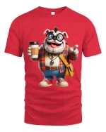 Funny Bulldog Hipster Coffee Cartoon Graphic T Shirt - red t-shirt on white background