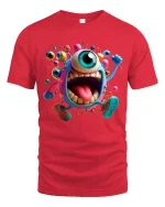 Funny One Eyed Monster Cartoon Running Graphic T Shirt - red t-shirt on white background
