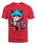 Grumpy Colorful Cat Drinking Coffee Funny T Shirt - red t-shirt on white background