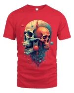 Surreal Dual Skull Abstract Art Graphic T Shirt - red t-shirt on white background